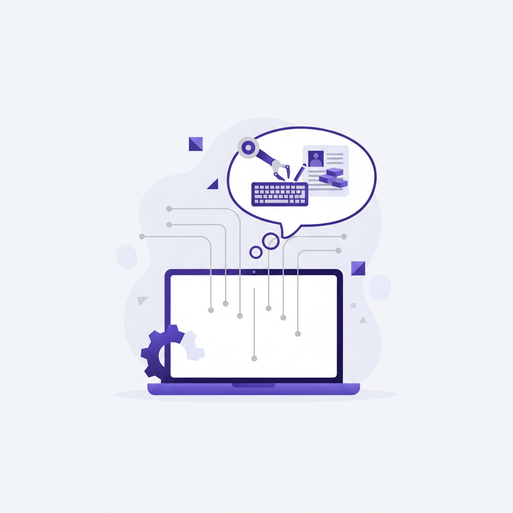 An illustration of a robot at a desk, with a continuous stream of blog posts flowing out of its laptop onto a production line.