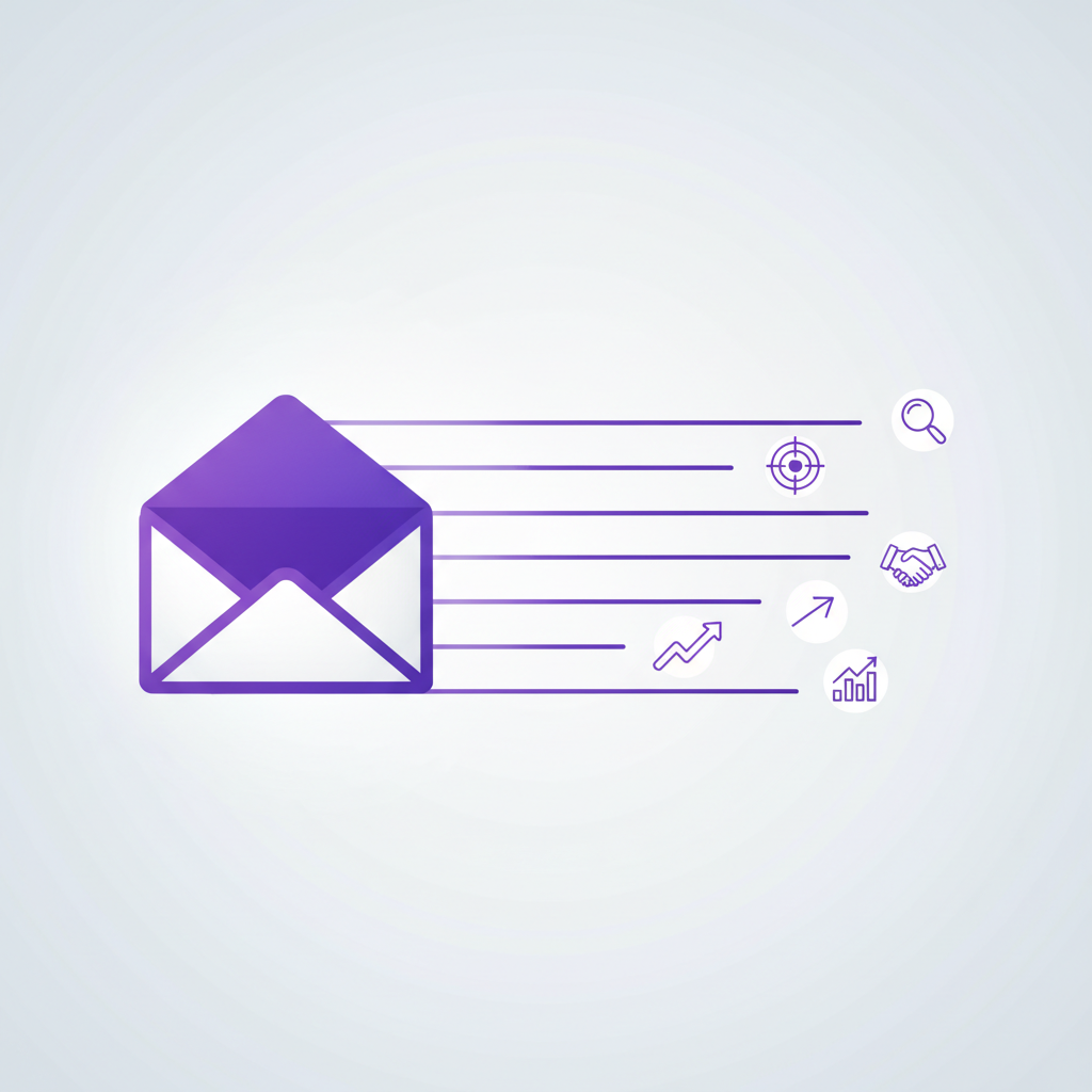 Illustration of an email being sent from one person and landing in the inbox of another, who opens it with interest.