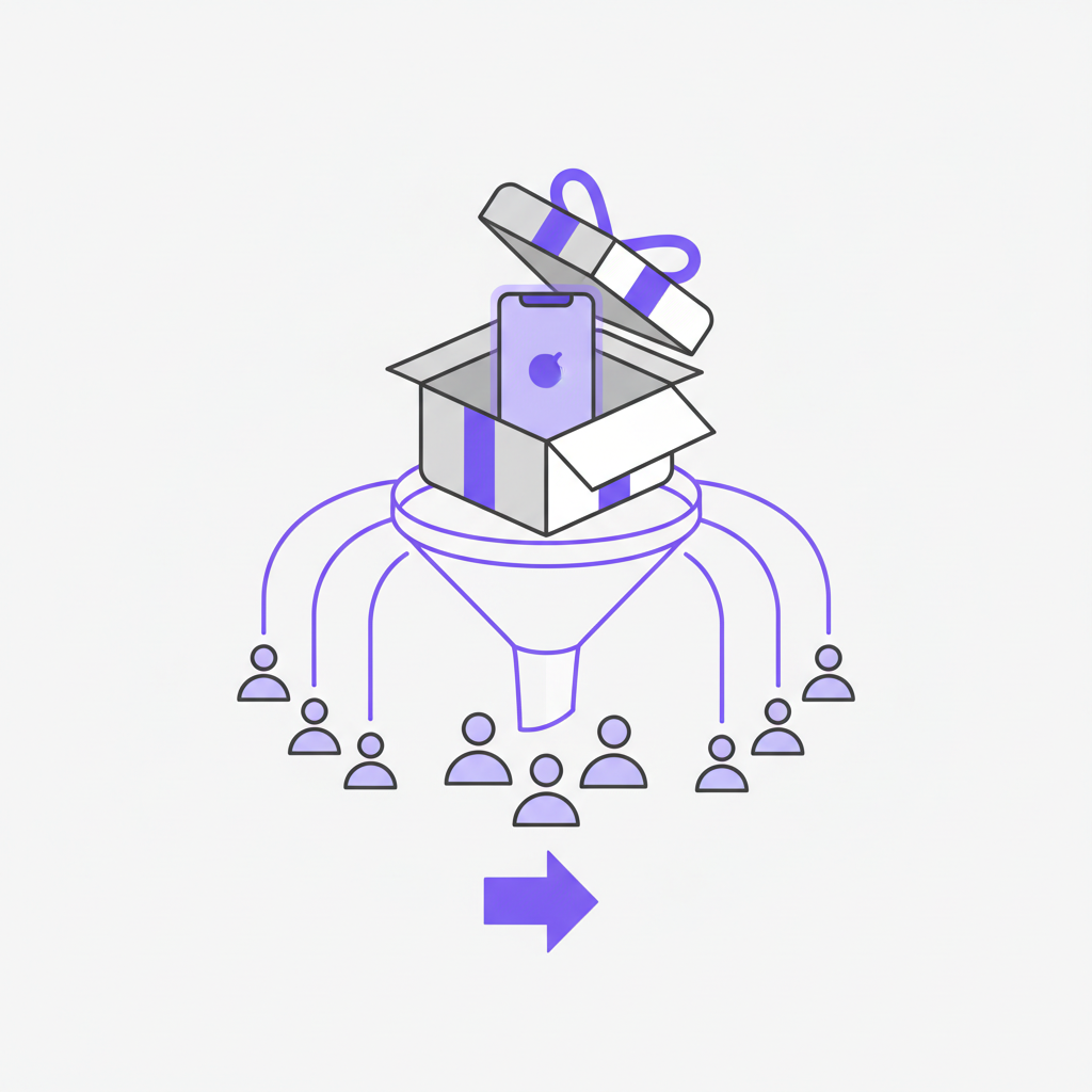 An illustration showing a large magnet labeled 'Free Tool' pulling in a crowd of people towards a storefront labeled 'Paid Product'.