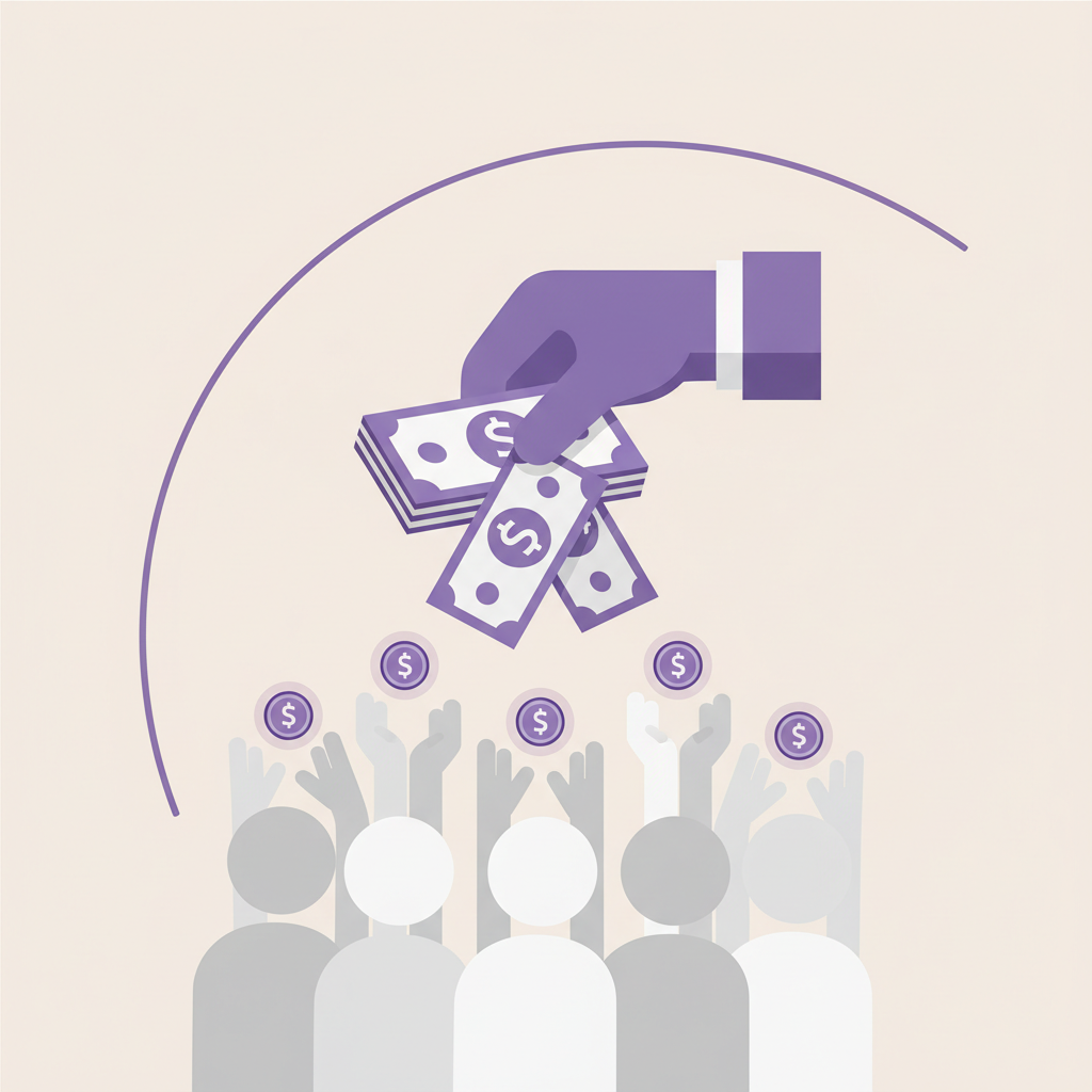 An illustrated hand holding a smartphone, with cash flying out of the screen towards a crowd of excited people.