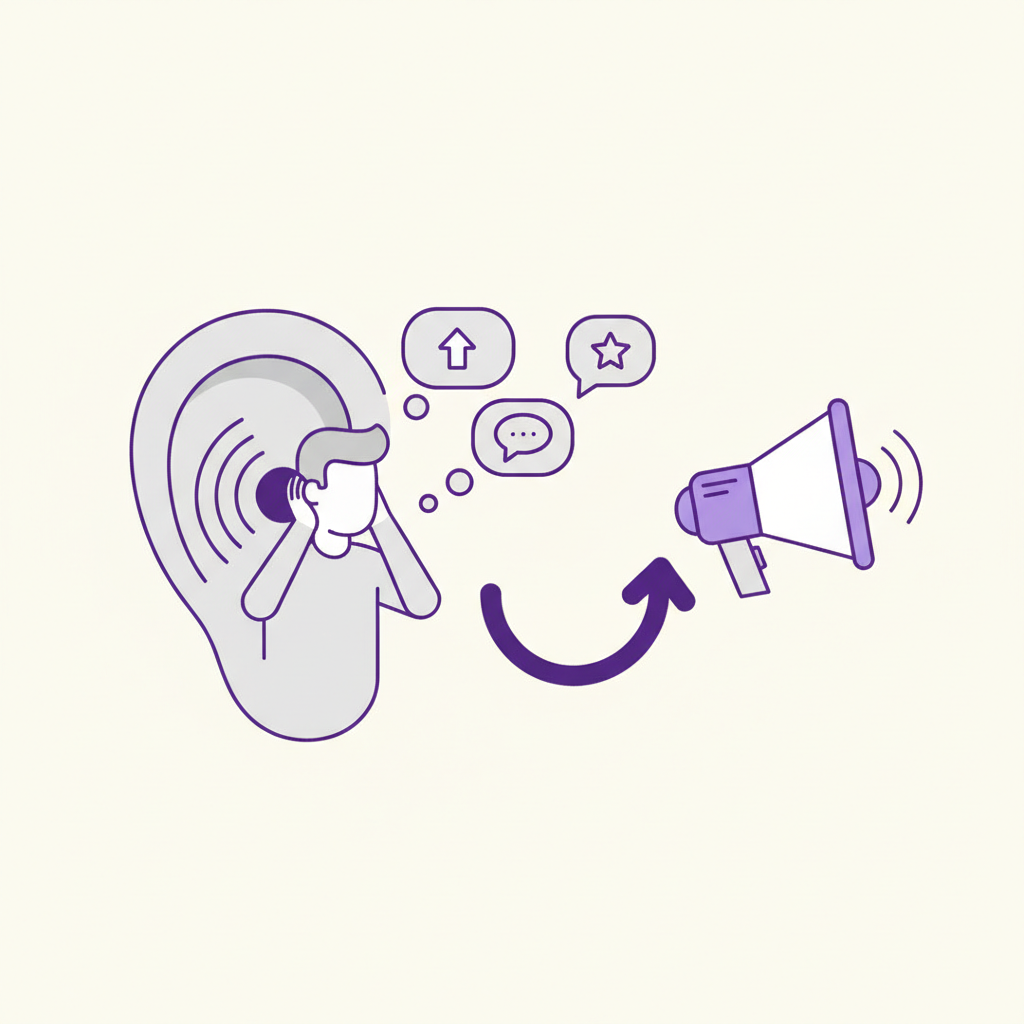 An illustration of a founder listening to a customer, with the customer's feedback bubbles turning into new product features on a screen.