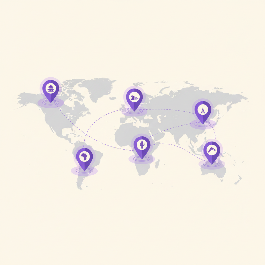 An illustration showing a world map with pins in different countries, connected by lines to a central product icon.