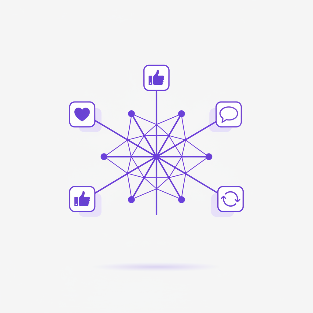 An illustration of a person celebrating as their achievement from an app is shared across a social network, creating a viral loop.