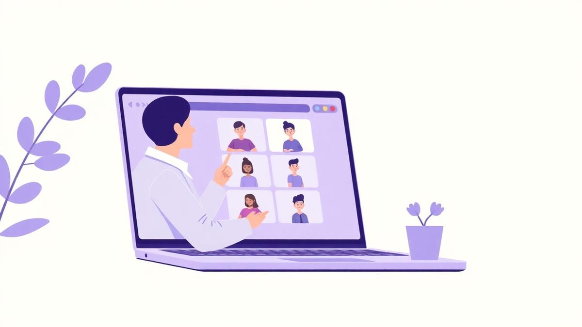 Illustration of a founder presenting a live product demo webinar to an audience of remote attendees.